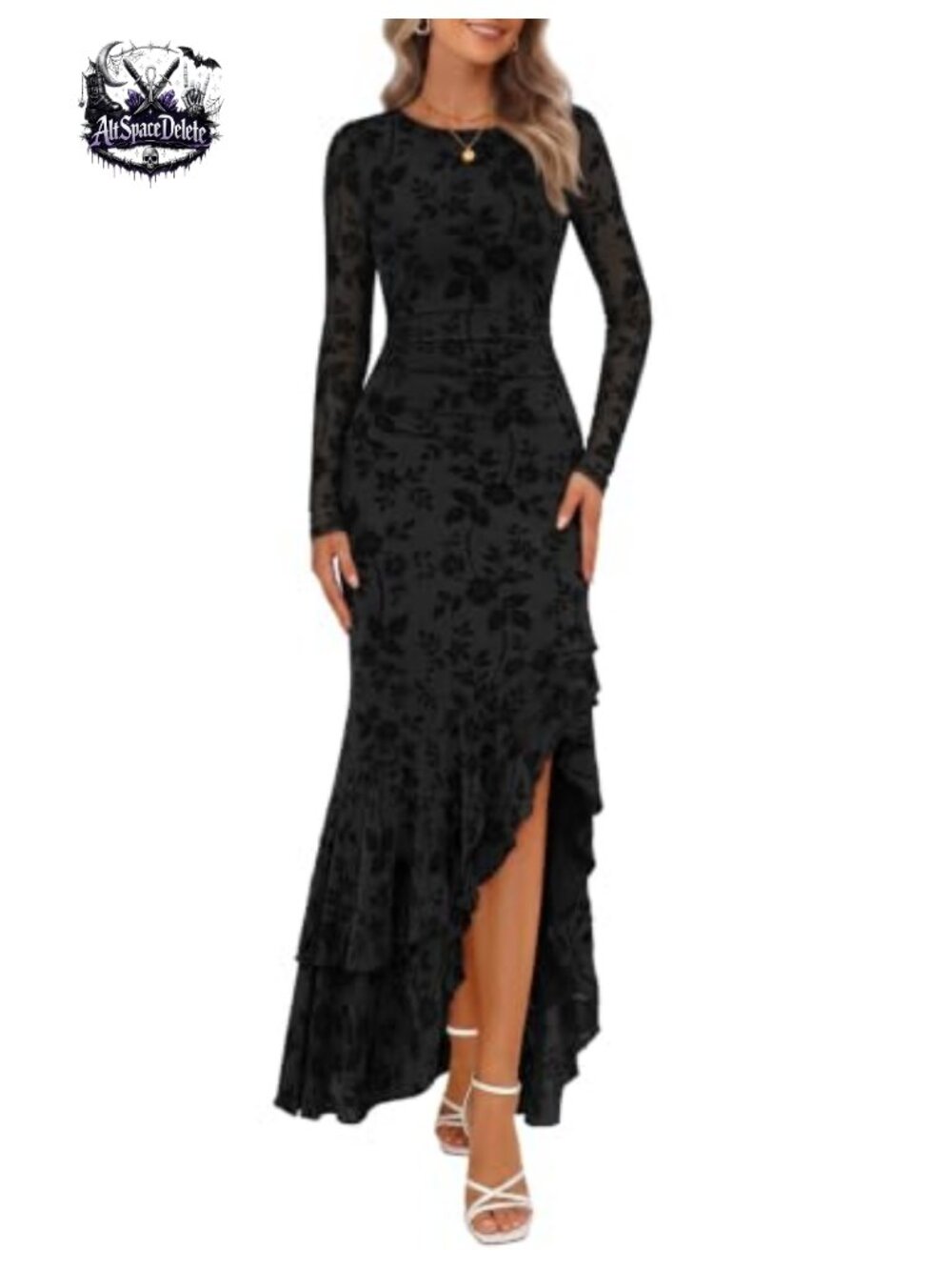 Formal Maxi Dress Boat Neck Long Sleeve Ruffle Slit Wedding Guest